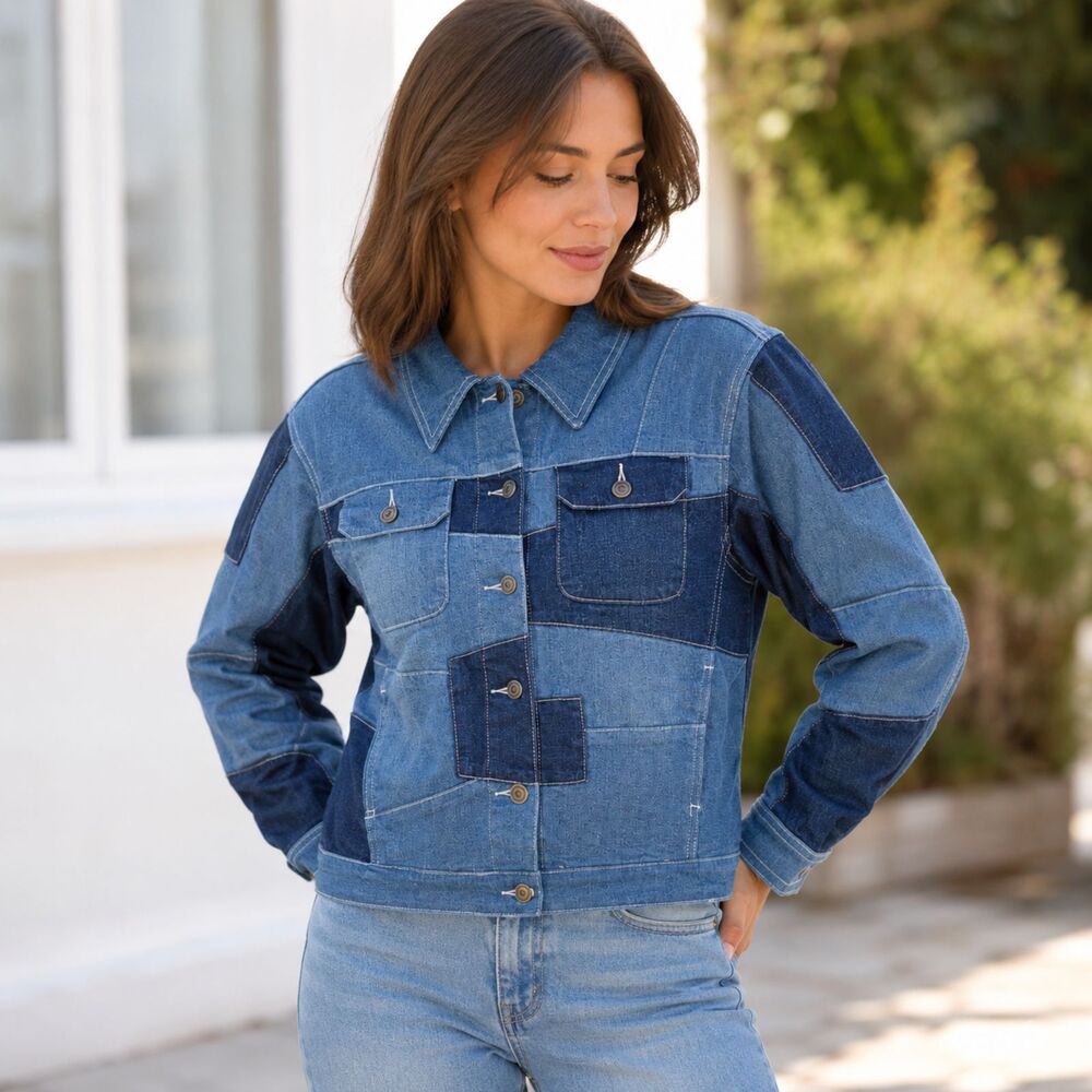 Baby Noiz Patchwork Denim Trucker Jacket Women’s XL Y2K Cropped Streetwear